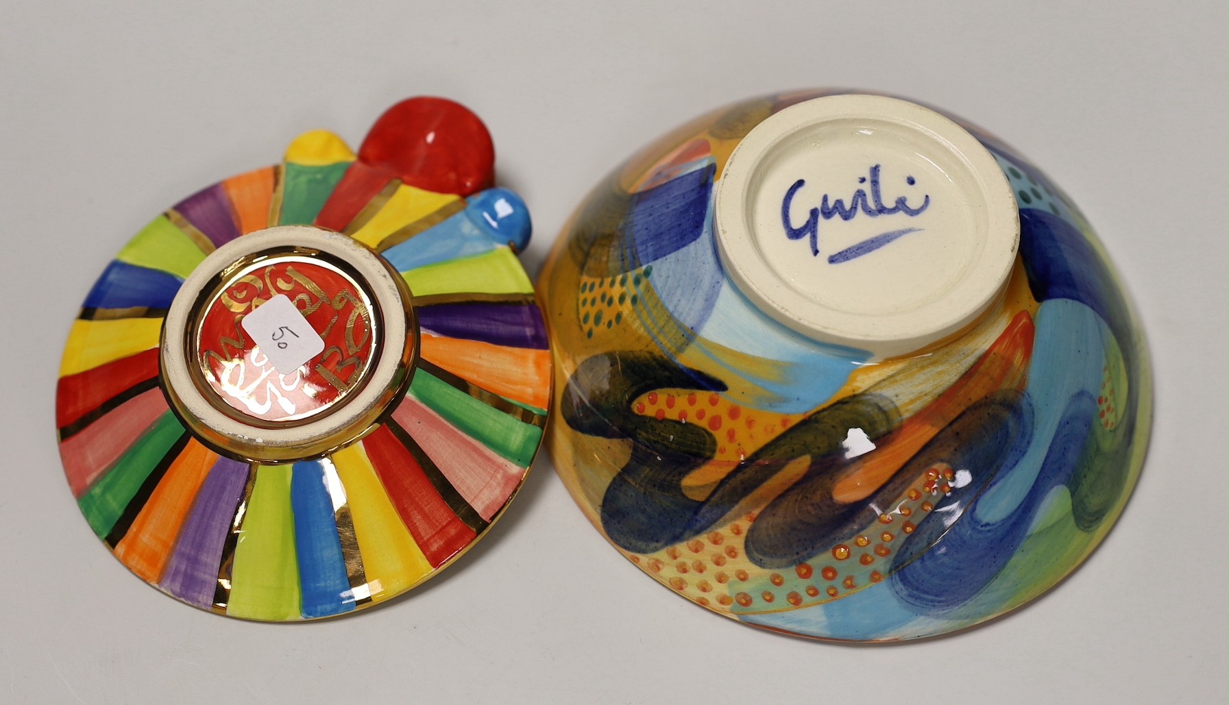 A Mary Rose Young striped dish, together with a Gwili Pottery painted bowl. Tallest 6cm